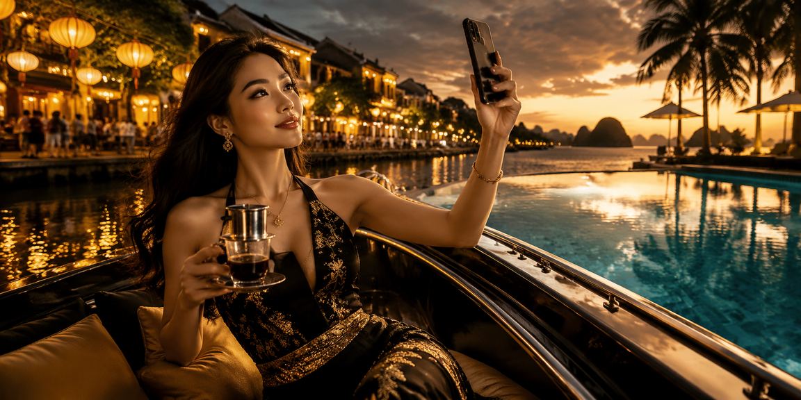 Người dùng tại Hội An ngồi cà phê xem xổ số và trò chơi trực tuyến trên điện thoại